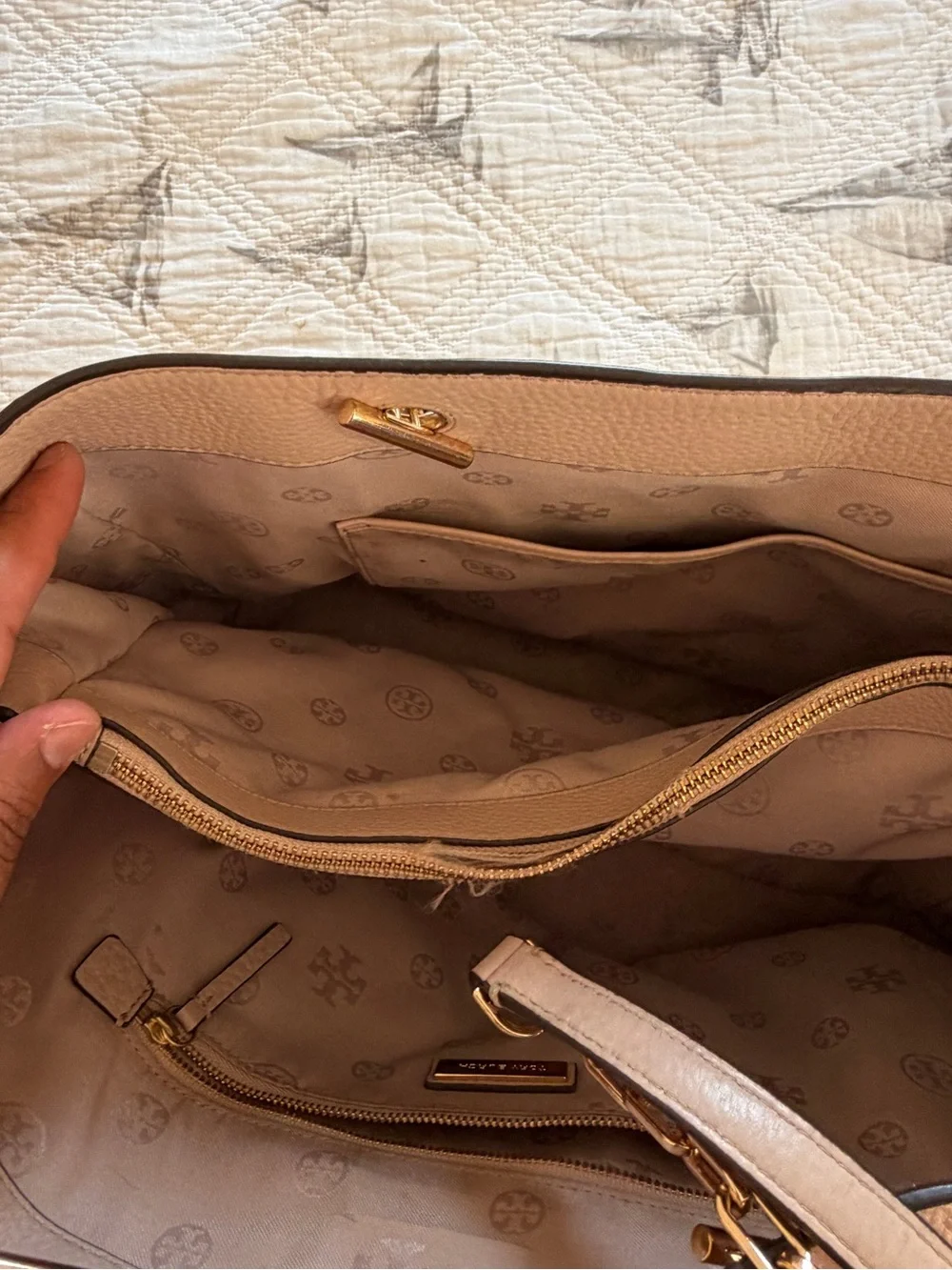 Tory Burch Blush Taupe Pebbled Leather Tote with Gold Logo